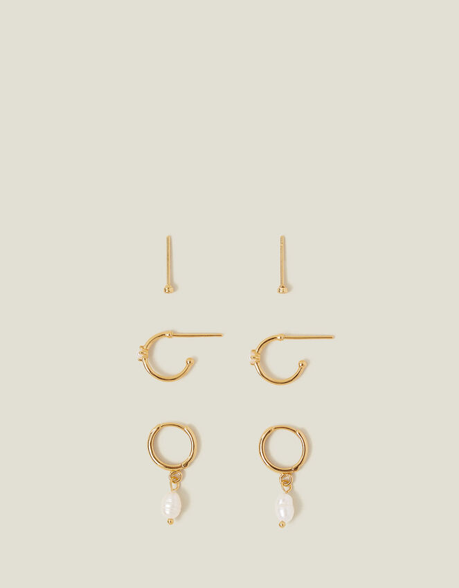 3-Pack 14ct Gold-Plated Pearl and Stud Hoop Earrings, , large
