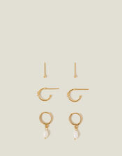 3-Pack 14ct Gold-Plated Pearl and Stud Hoops, , large
