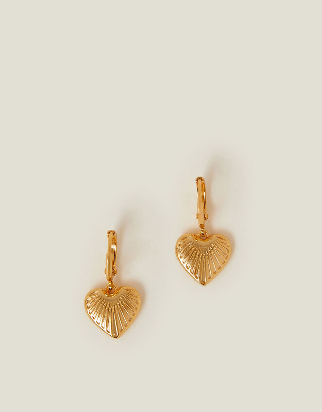 14ct Gold-Plated Ridge Heart Drop Hoop Earrings, , large