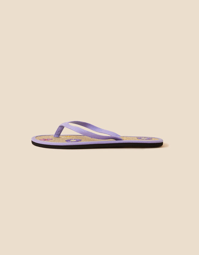 Flower Embroidered Seagrass Flip Flops, Blue (BLUE), large