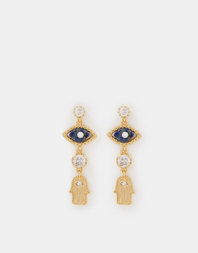 14ct Gold-Plated Eye & Hamsa Drop Earrings, , large