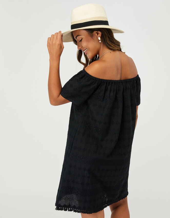 Off-Shoulder Schiffli Dress in Pure Cotton, Black (BLACK), large