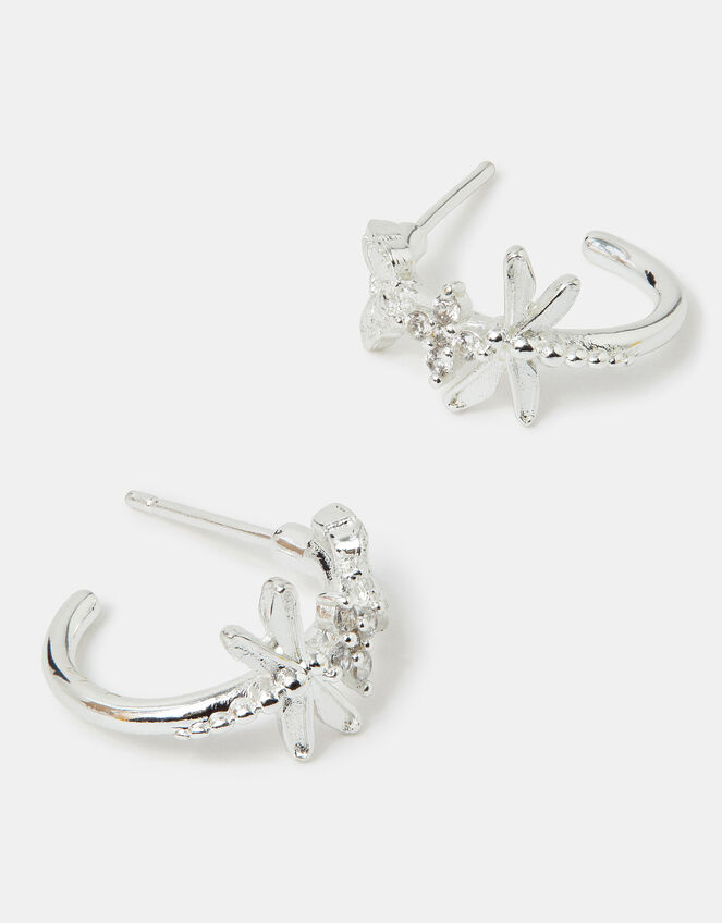 Sterling Silver-Plated Dragonfly Hoop Earrings, , large