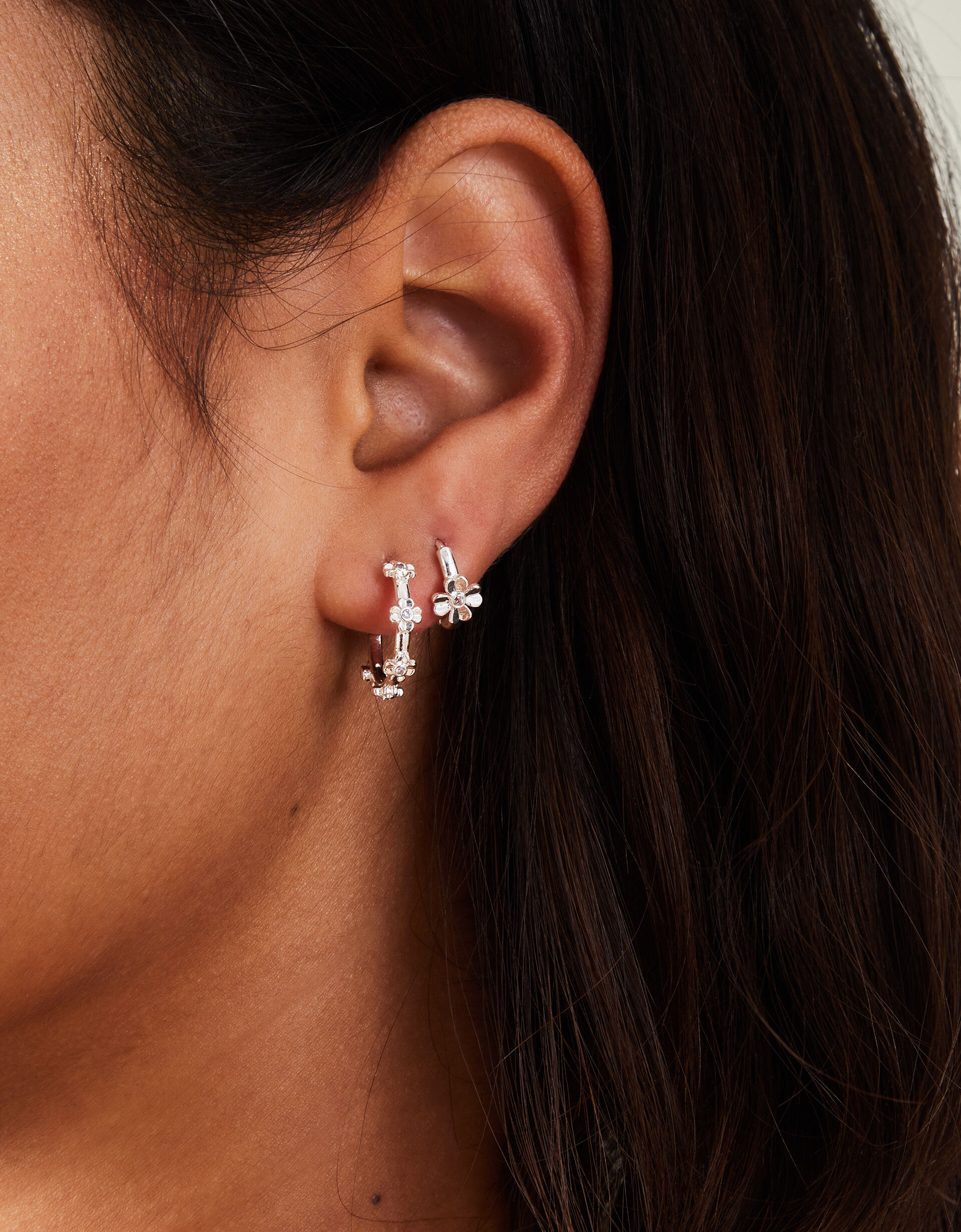2-Pack Sterling Silver-Plated Flower Hoop Earrings | Sterling