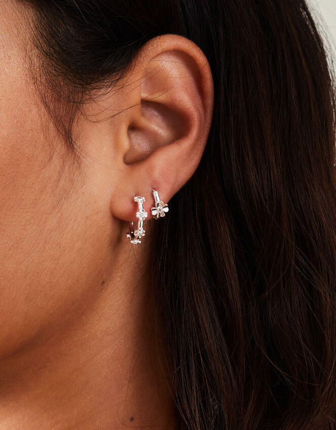 2-Pack Sterling Silver-Plated Flower Hoop Earrings, , large