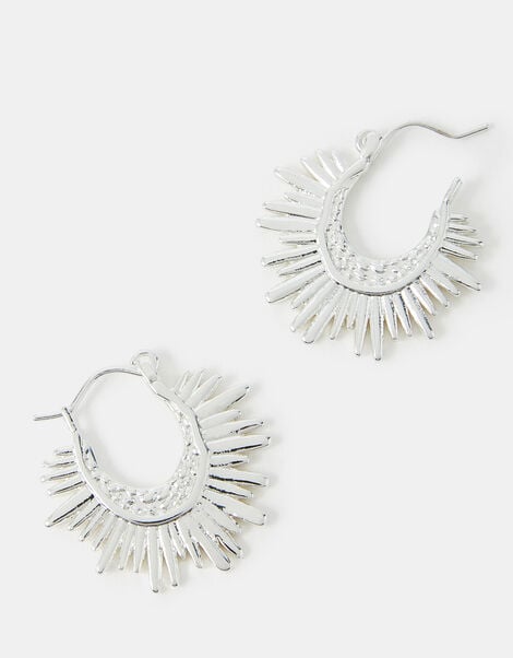 Sterling Silver-Plated Sun Ray Hoop Earrings, , large