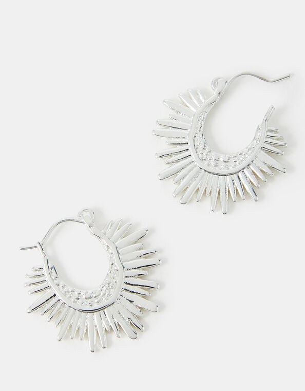 Sterling Silver-Plated Sun Ray Hoop Earrings, , large