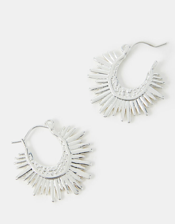 Sterling Silver-Plated Sun Ray Hoop Earrings, , large