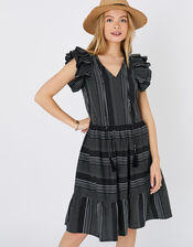 Frill Shoulder Dress in Pure Cotton, Black (BLACK WHITE), large