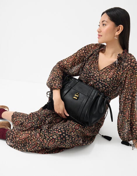 Padlock Ruched Shoulder Bag, Black (BLACK), large