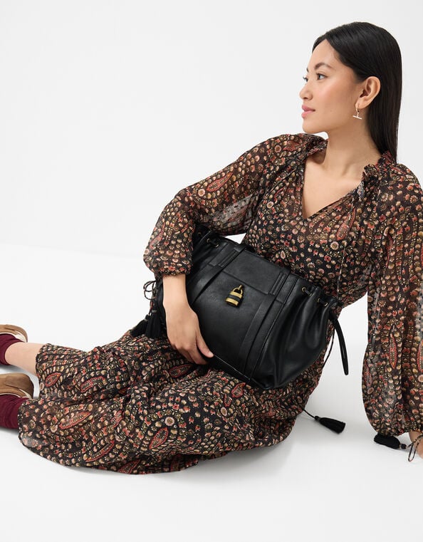 Padlock Ruched Shoulder Bag, Black (BLACK), large