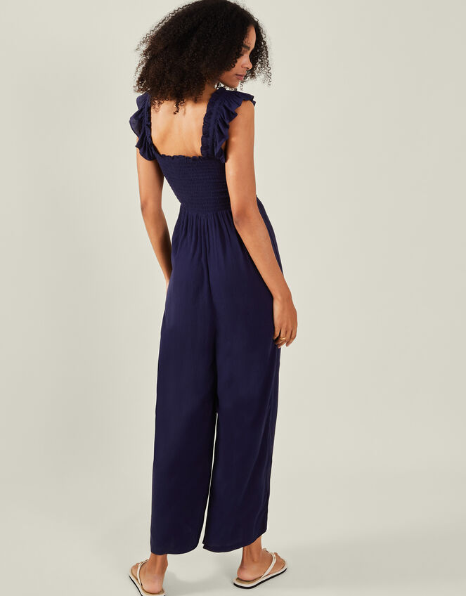 Frill Shoulder Jumpsuit, Blue (NAVY), large