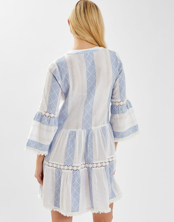 Jacquard Flute-Sleeve Mini Dress, Ivory (IVORY), large
