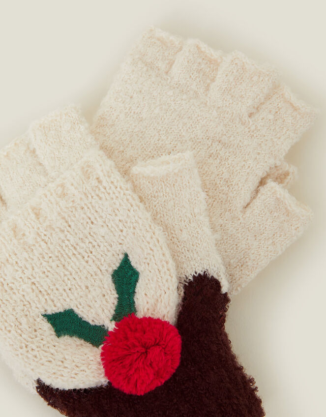 Christmas Pudding Fingerless Mitten Gloves, , large