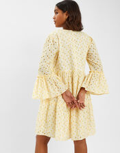 Broderie Flute-Sleeve Mini Dress, Yellow (YELLOW), large