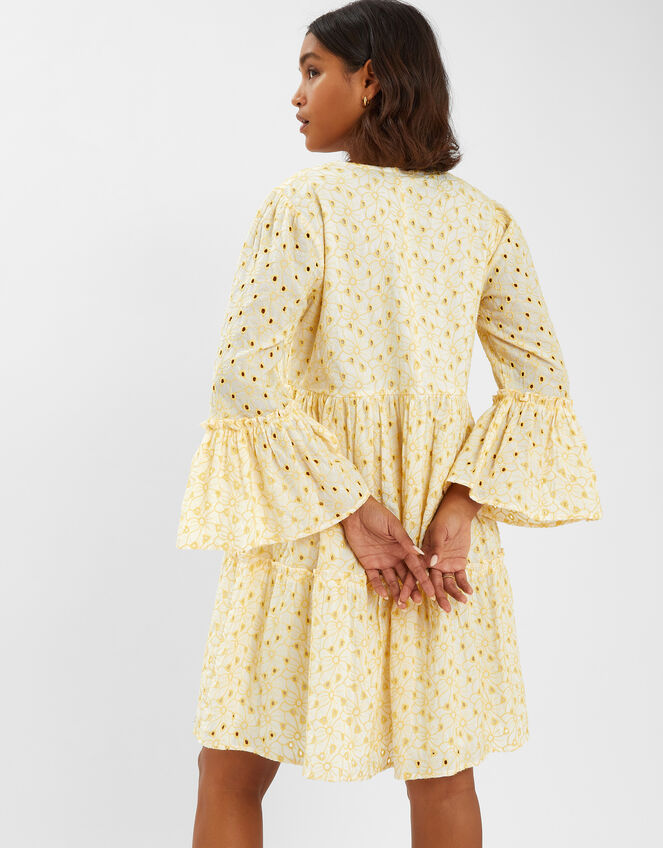 Broderie Flute-Sleeve Mini Dress, Yellow (YELLOW), large