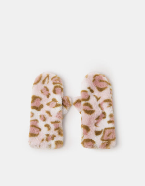 Girls Fluffy Leopard Print Mittens, Leopard (LEOPARD), large