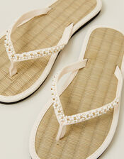 Beaded Daisy Seagrass Flip Flops, Cream (CREAM), large