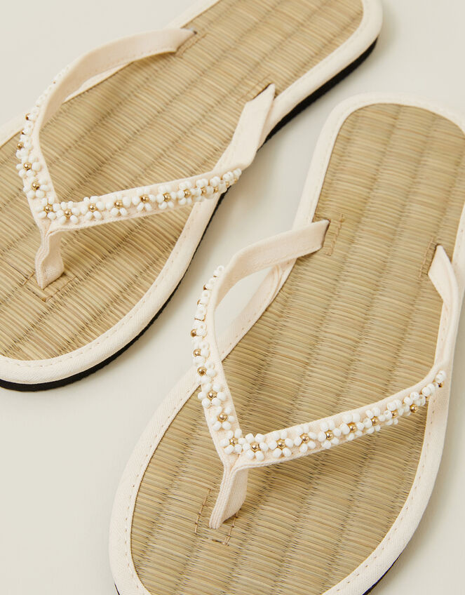 Beaded Daisy Seagrass Flip Flops, Cream (CREAM), large