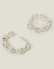 Sterling Silver-Plated Flower Sparkle Hoop Earrings, , large
