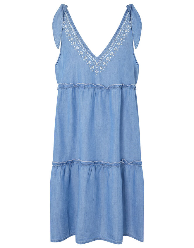 Tiered Chambray Mini Dress in TENCEL® Lyocell, Blue (BLUE), large