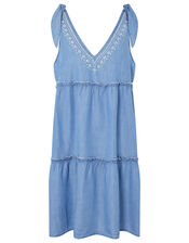 Tiered Chambray Mini Dress in TENCEL® Lyocell, Blue (BLUE), large