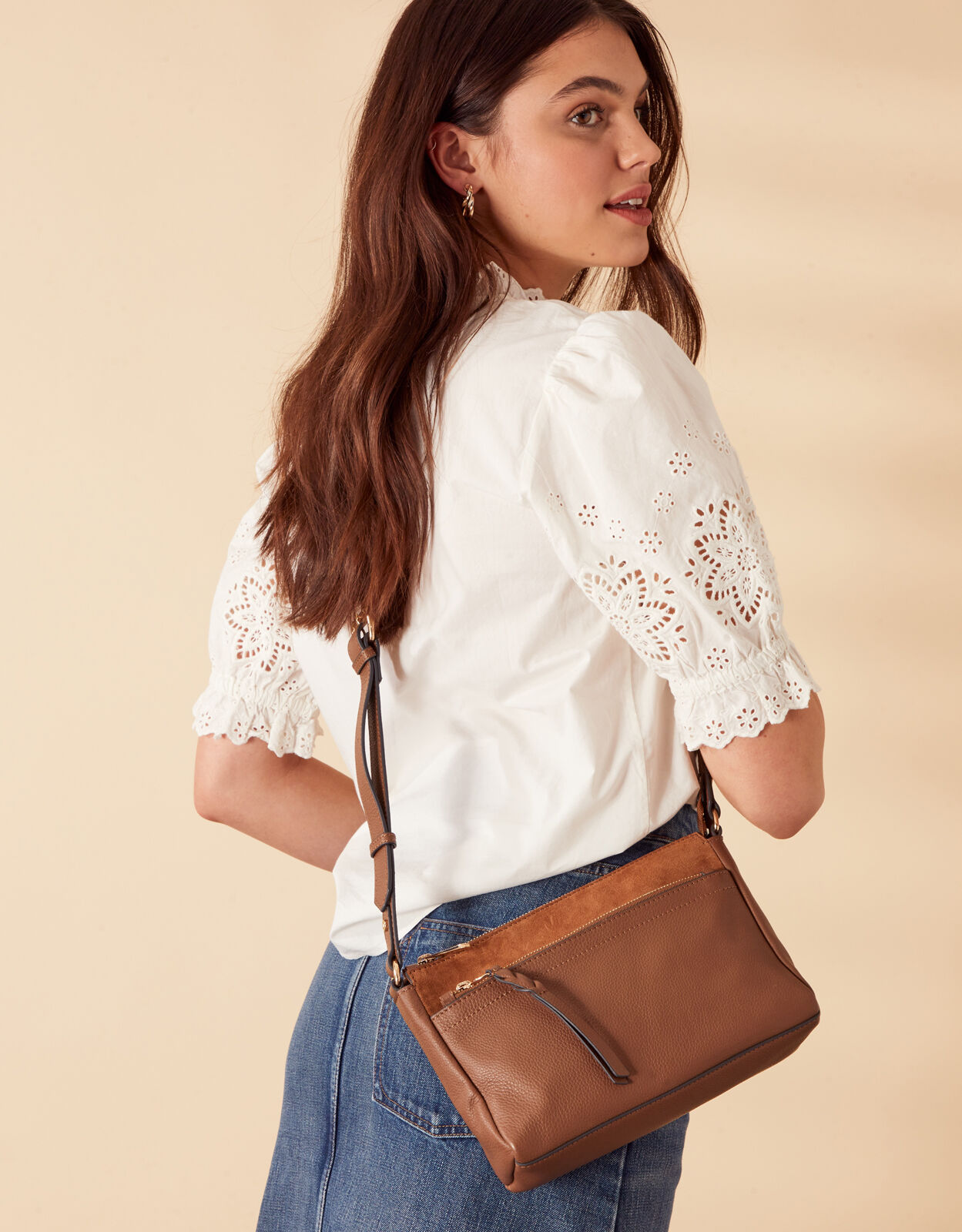 Leather Double Zip Cross Body Bag Tan