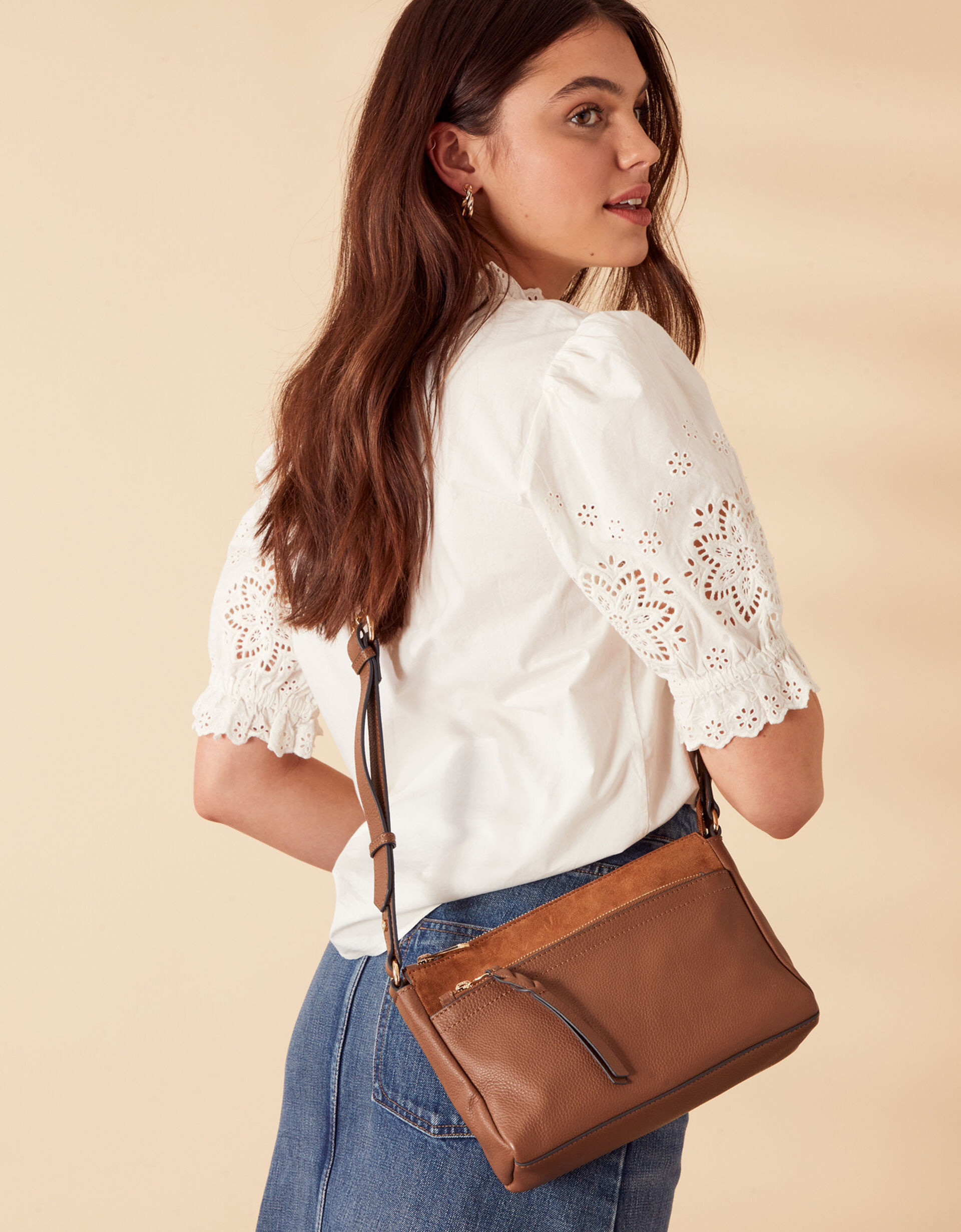 Leather Double Zip Cross-Body Bag Tan | Leather bags | Accessorize UK