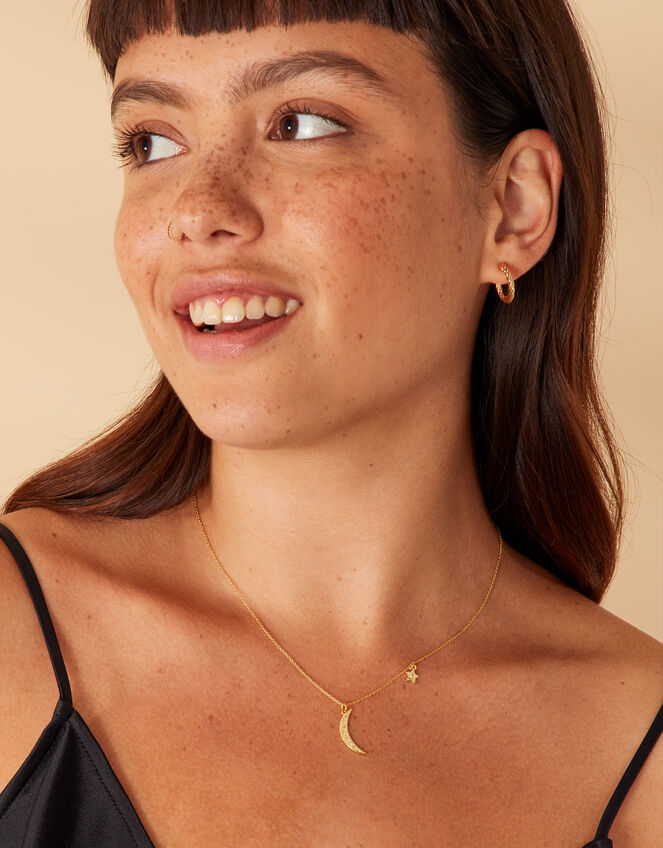 Gold Vermeil Zircon Moon Pendant Necklace, , large