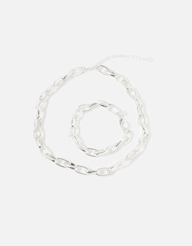 Medium Chain Necklace and Bracelet, Silver (SILVER), large