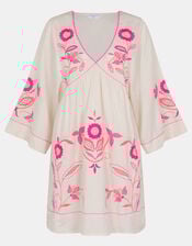 Floral Embroidered Mini Beach Dress, Ivory (IVORY), large