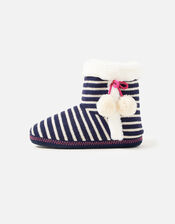 Nautical Stripe Knitted Slipper Boots, Blue (BLUE), large