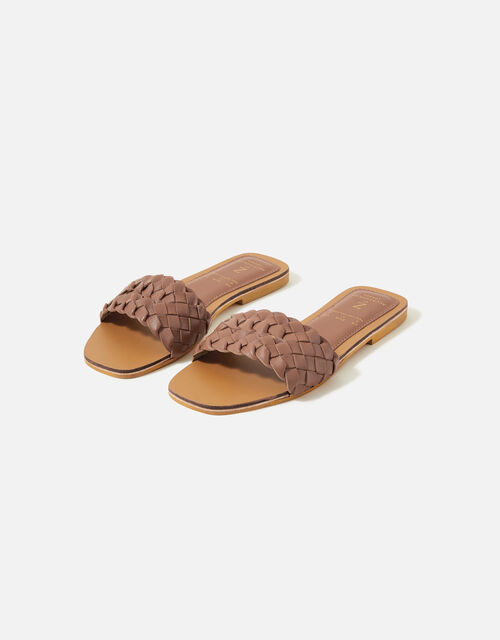 Double Plaited Leather Sliders, Tan (TAN), large