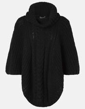 Cable Knit Poncho, Black (BLACK), large