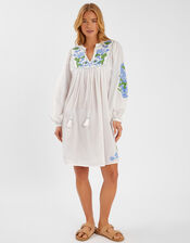 Embroidered Long Sleeve Smock Dress, White (WHITE), large