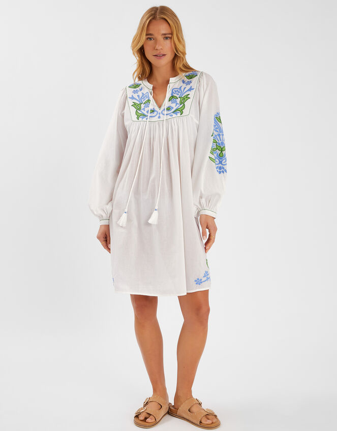 Embroidered Long Sleeve Smock Dress, White (WHITE), large
