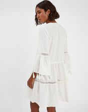 Flute Sleeve Tassel Tiered Mini Dress, Ivory (IVORY), large