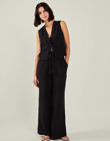 Tie-Front Crinkle Waistcoat, Black (BLACK), large