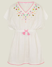 Girls Floral Embroidered Kaftan Dress, White (WHITE), large