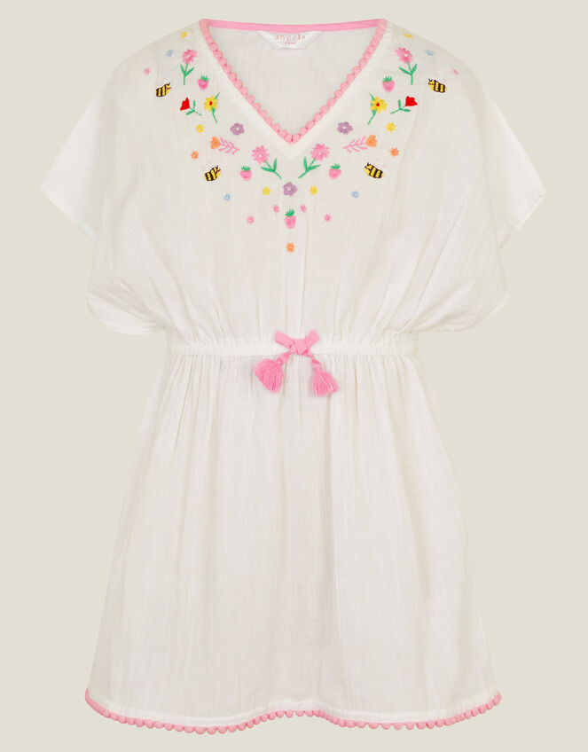 Girls Floral Embroidered Kaftan Dress, White (WHITE), large