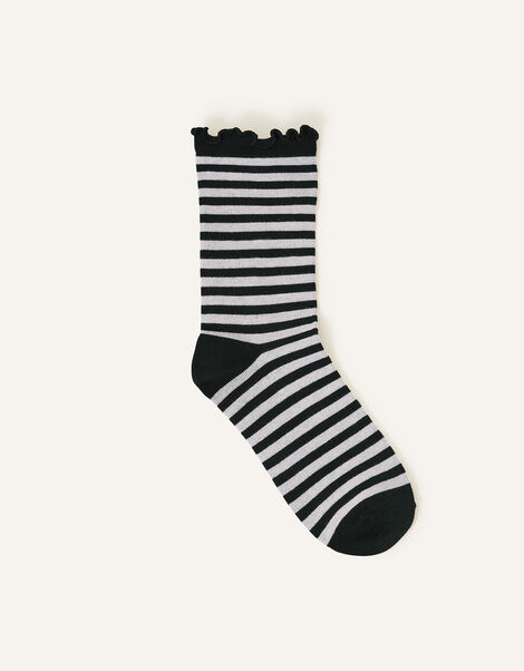 Stripe and Frill Socks, Black (BLACK), large