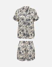 Floral Print Satin Short Pyjama Set, Blue (NAVY), large