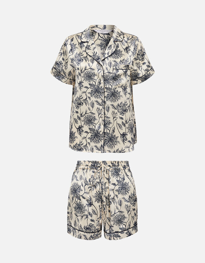 Floral Print Satin Short Pyjama Set, Blue (NAVY), large