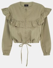 Ruffle Denim Jacket, Green (KHAKI), large