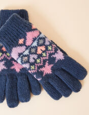 Girls Star Fair Isle Knit Gloves, Blue (NAVY), large