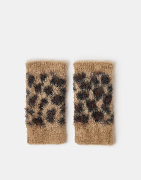 Fuzzy Leopard Print Fingerless Gloves, , large