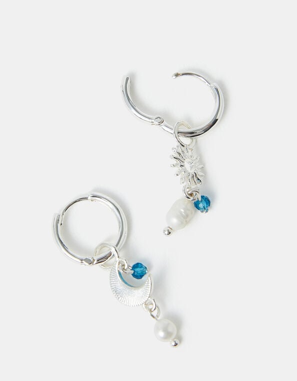 Sterling Silver-Plated Moon & Star Pearl Drop Earrings, , large
