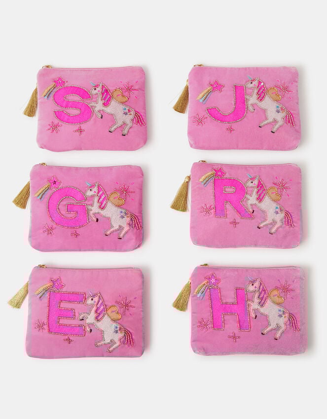 Girl Initial Unicorn Velvet Pouch, Pink (PINK), large