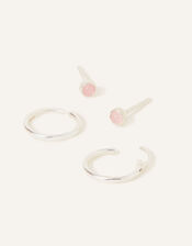 Sterling Silver Rose Quartz Stud and Hoops Set of Two, , large