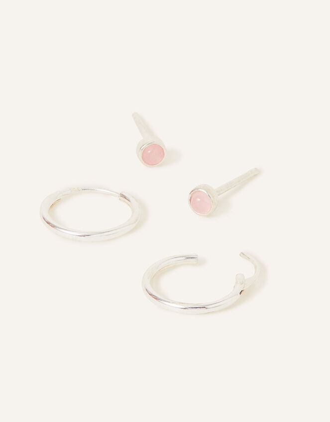 Sterling Silver Rose Quartz Stud and Hoops Set of Two, , large